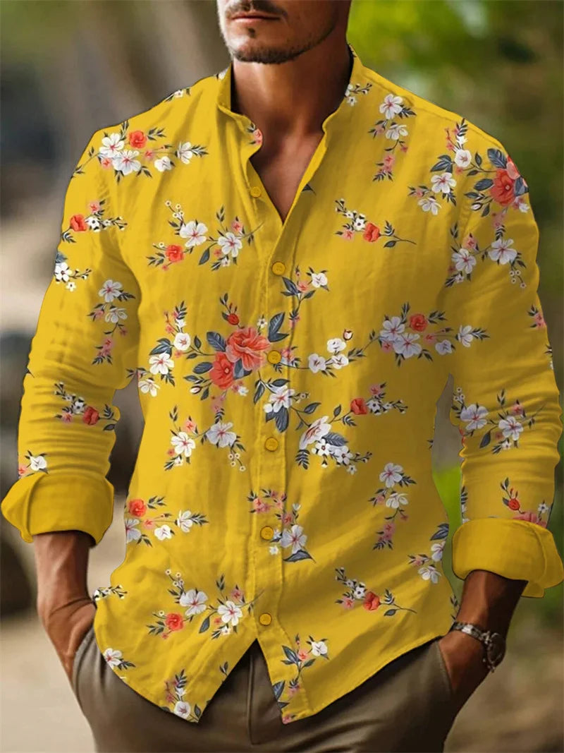New Men's Linen Long Sleeve Shirt Flower 3D Flower Print Yellow Long Sleeve Lapel Clothing Fashion Designer Casual