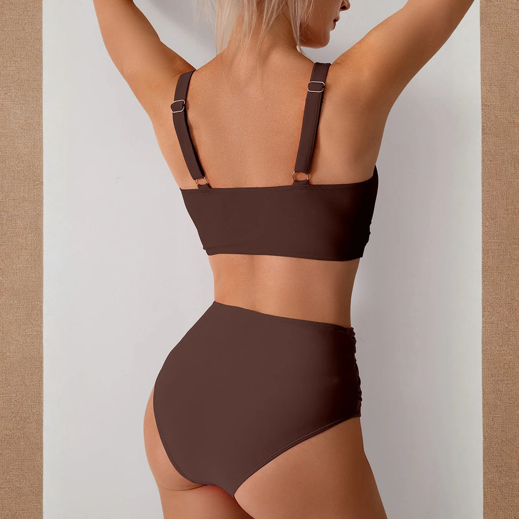 Women Sexy Bikini Summer Twist Front Ruched High Waisted Two Piece Beach Slimming Vacation Swimwear Bathing Suit