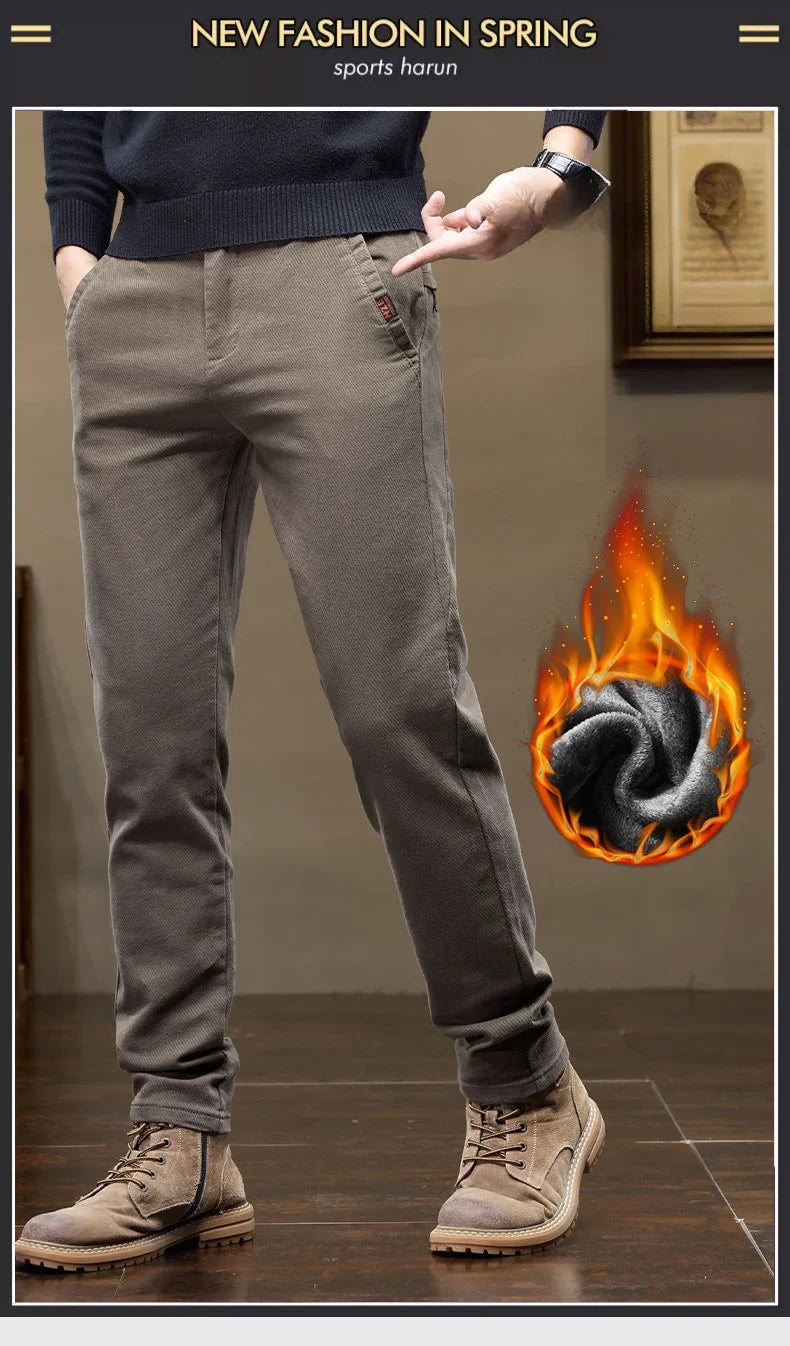 Korean Fashion Fleece Men's Casual Pants Slim Straight Youth Warm Trousers Thickened Thermal Stretch Male Clothes Trendy Brand