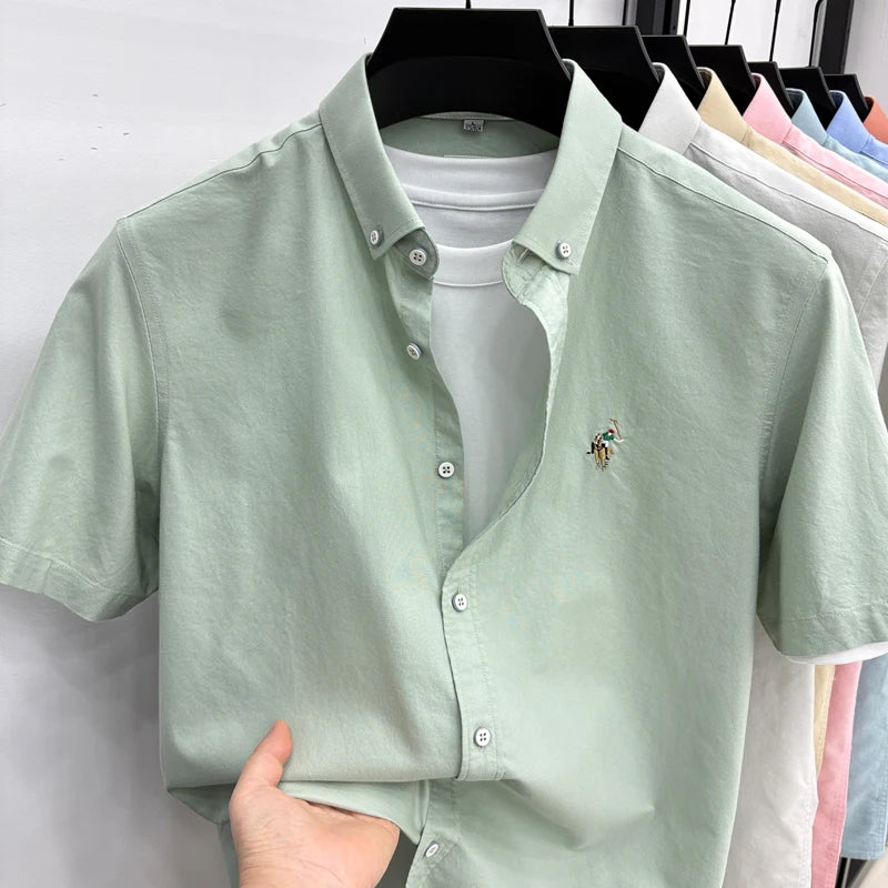 Short Sleeved Shirt Men's Summer New Item Pure Cotton High-end Brand Little Horse Logo Embroidered Casual Shirt