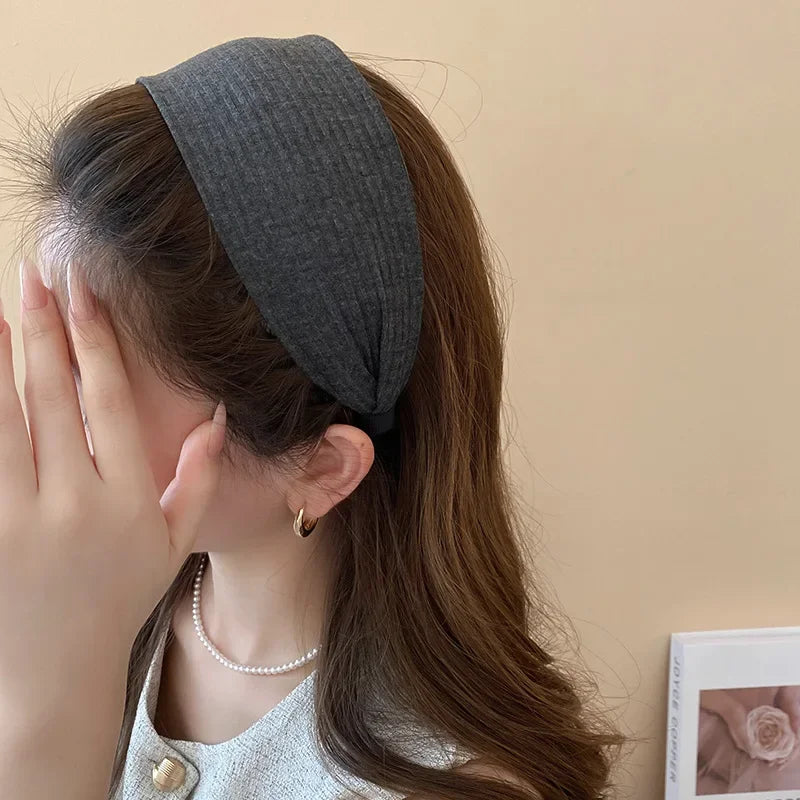 Solid Color Wide Edge Striped Yarn Headband High Head French Gentle Hair Accessory Popular Internet Celebrity Style