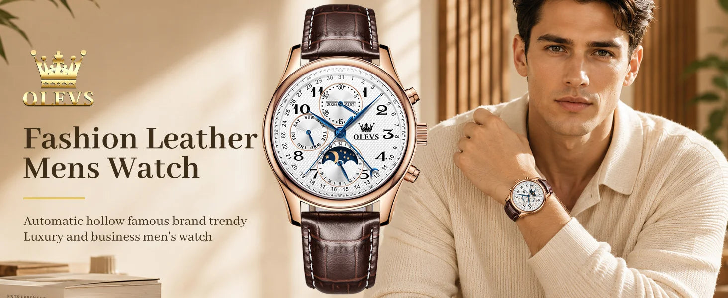 OLEVS 6667 Mens Watch Multifunctional Chronograph Mechanical Watch Leather Strap Moon Phase Watches For Man Luxury Original