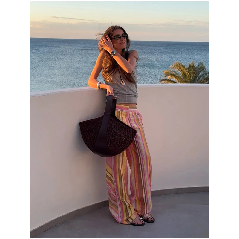Women‘s Colorful Striped Pant New Summer Straight Multicolor Wide Leg Long Pants Casual Fashion Streetwear Female Outfit 2026
