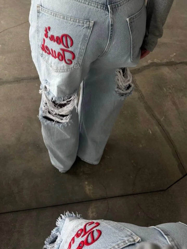 Women Embroidered Ripped Baggy Jeans Y2k Low Rise Straight Jeans Classic Regular Fit Denim Pants Casual Wide Leg Jeans Clothes