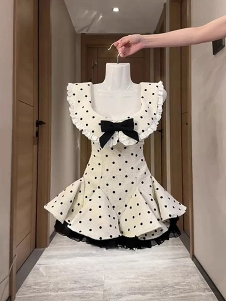 Summer Retro Elegant Women Dress Y2k Design Polka Dot Slim Fit Bow Mini Dress Fashion Female Korea Style Sexy Chic Party Outfits