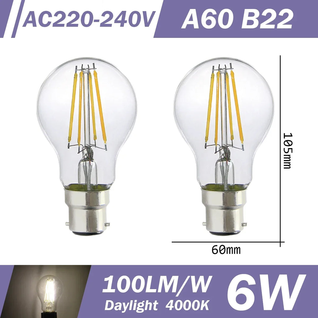 2PCS LED Filament Bulb E14 E27 C35 C35T ST64 G80 A60 220V 4W 9W Warm White Glass 360 Degree Edison Retro Candle Light Blubs