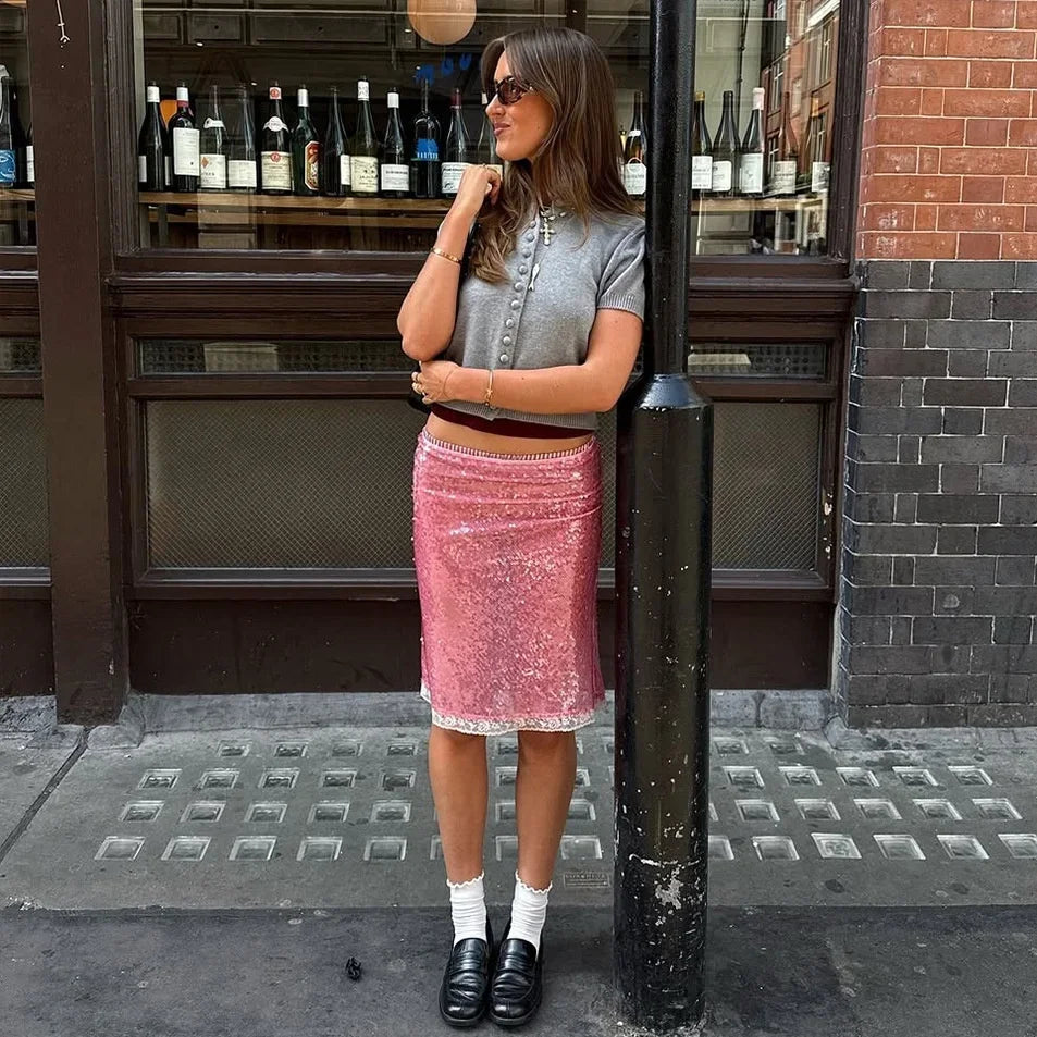Sexy Pink Sequin Midi Skirt Women Ruched Lace Patchwork Elastic Waist Bodycon Pencil Skirts Lady Club Party Dating Glitter Wear