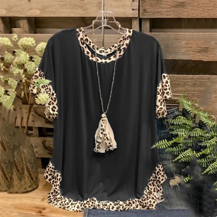 2026 New Women's Clothing, Leopard Print Splicing Short-sleeved Round Neck Loose Medium and Long Top T-shirt Women's Cw65684