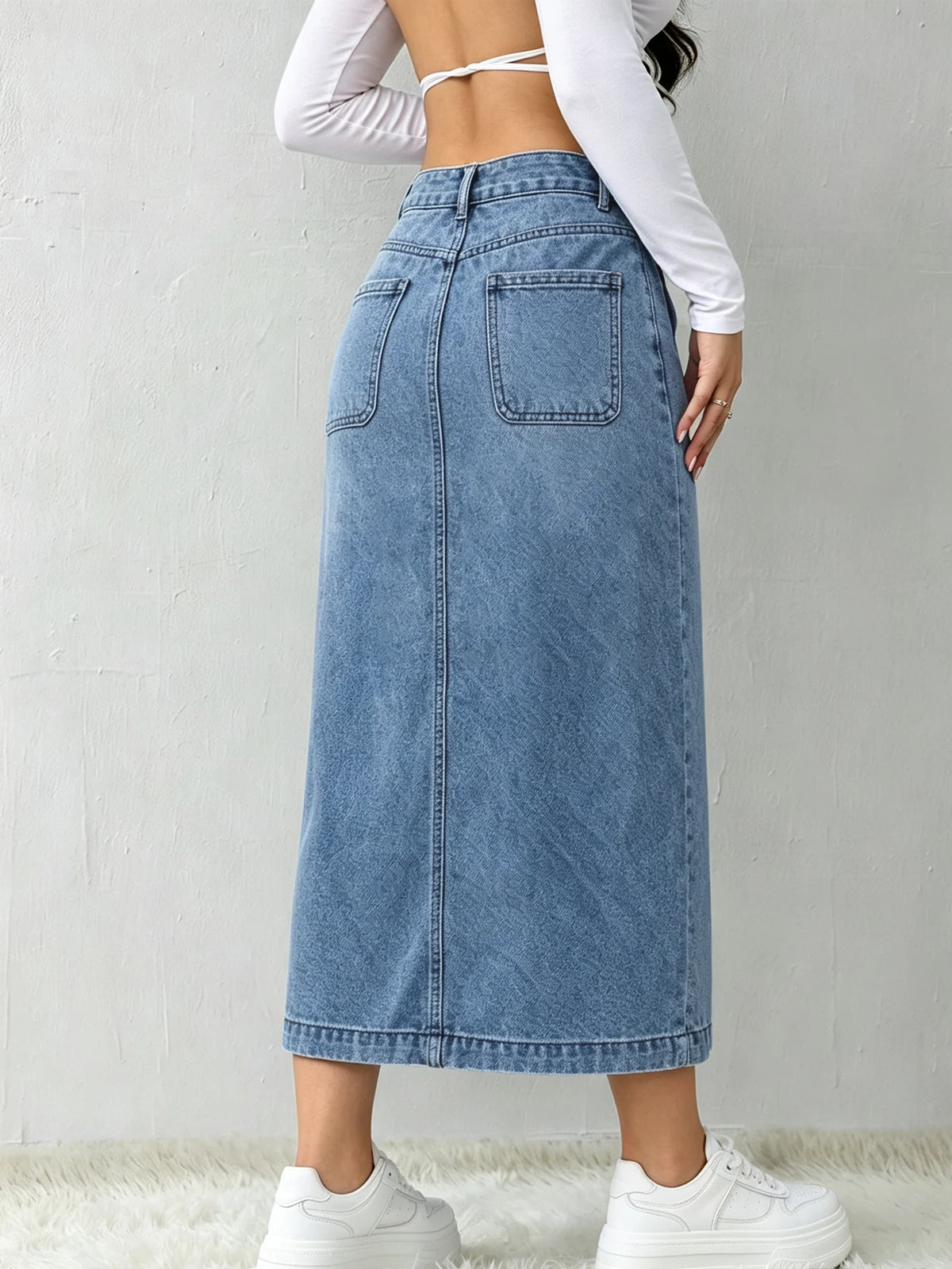 High-Waisted, Washed Blue, A-Line, Loose-Fit Casual Denim Skirt—Mid-Length, Non-Stretch, Button-Down Design