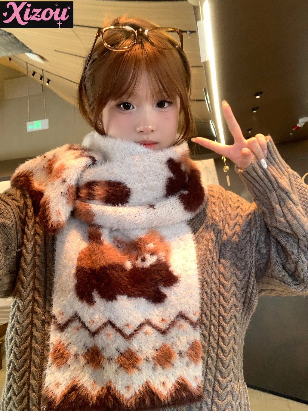 Japanese Cute Lolita Cartoon Red Panda Plush Scarf Female Autumn Winter Thickened Warm Versatile Maillard Neck Scarf 2025 New