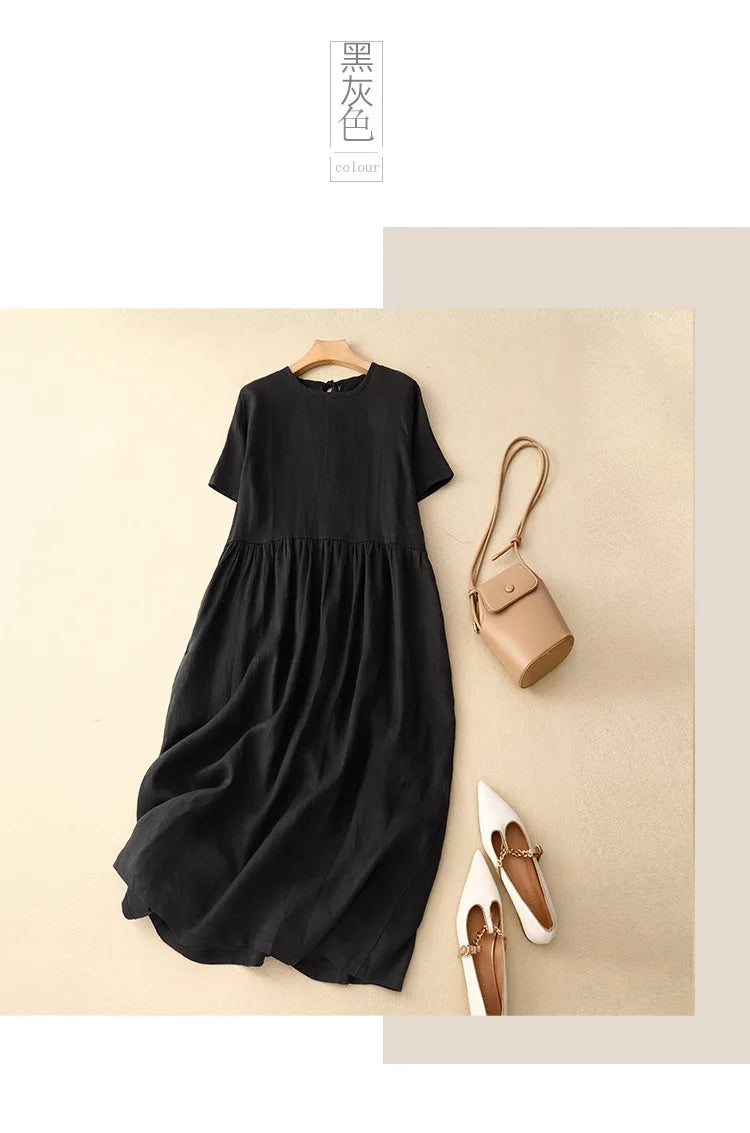 Summer Cotton Linen Blended Thin And Breathable Dress Women Literary Big Swing Short Sleeve Solid Loose Casual Female Dresses