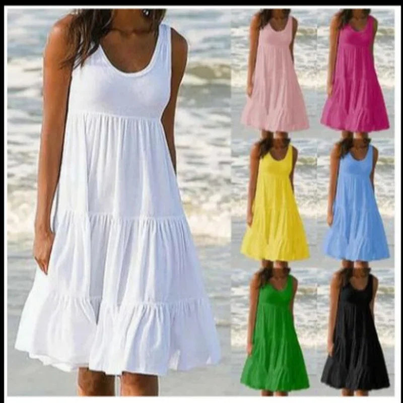 Bohemian Women's Casual O Neck Sleeveless Ruffle Mini Dress Solid Color Beach Tank Top Oversized Loose Dress Plus Size Women3029