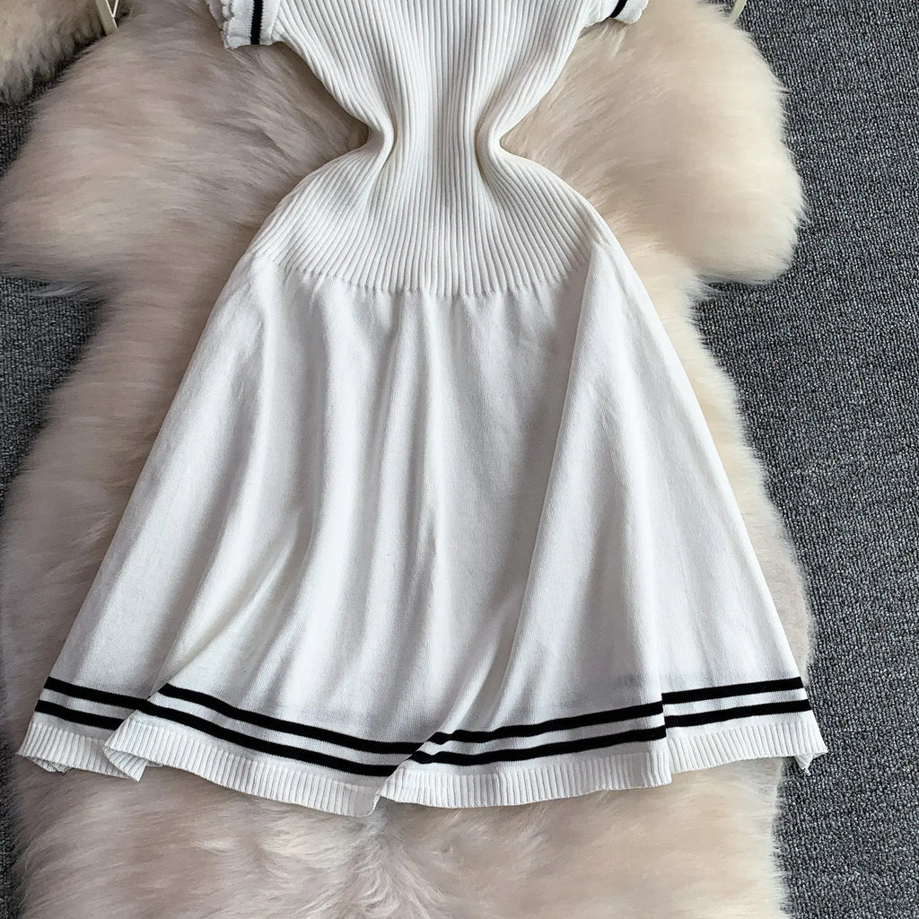 Summer Women Sweet Strechy Sundress Turndown Collar Short Sleeve Knitted Dress Lace Up Bow High Waist A-line Mini Dress