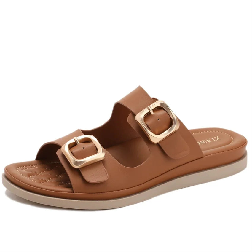 Casual Slippers Women PU Leather Open Toe Double Buckle Flat Summer Outdoors Non-Slip Soft Soles Slip On Beach Footwear Slippers
