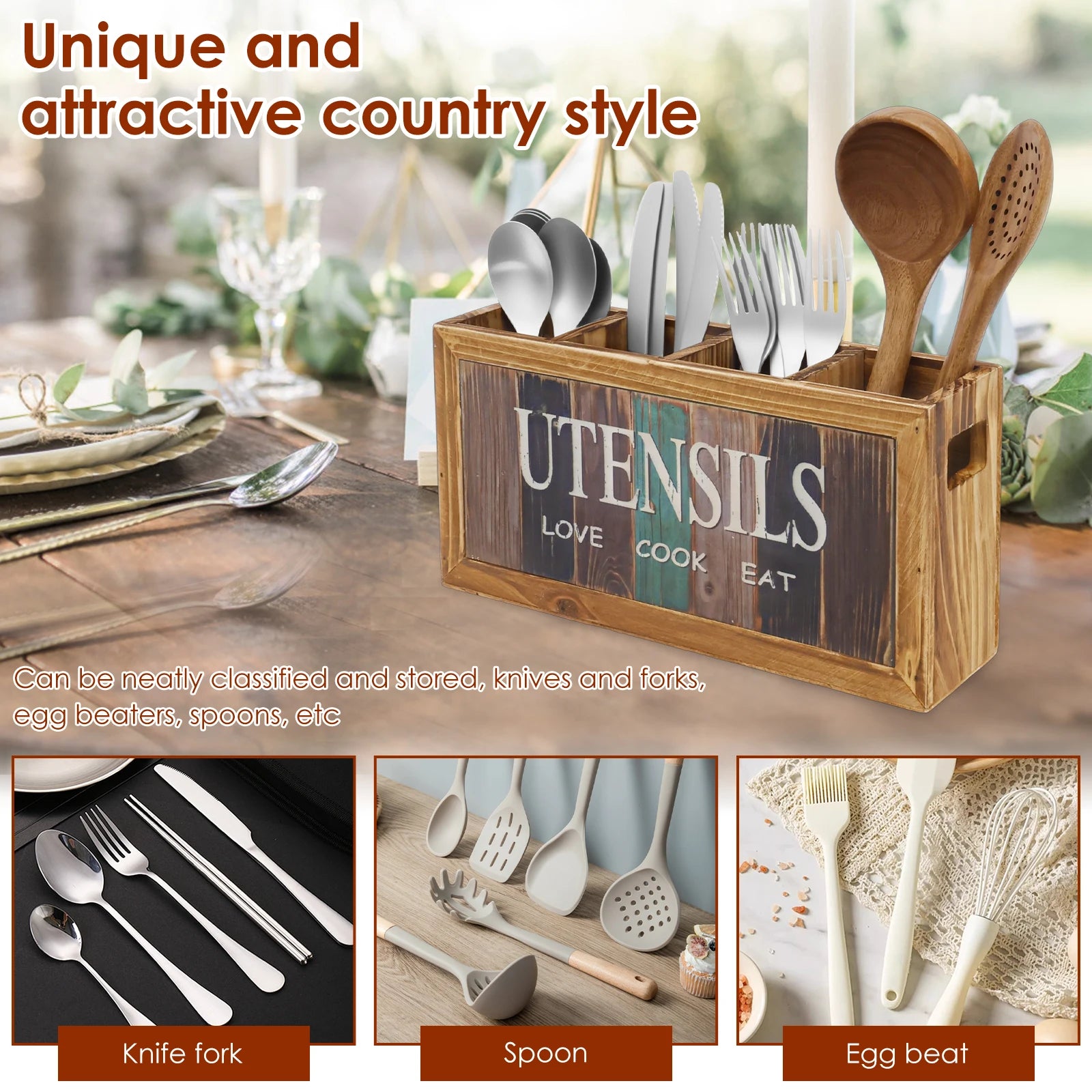 4 Compartments Countertop Utensil Holder Wood Kitchen Storage Box Spatula Chopsticks Spoon Fork Storage Holder Cutlery Organizer