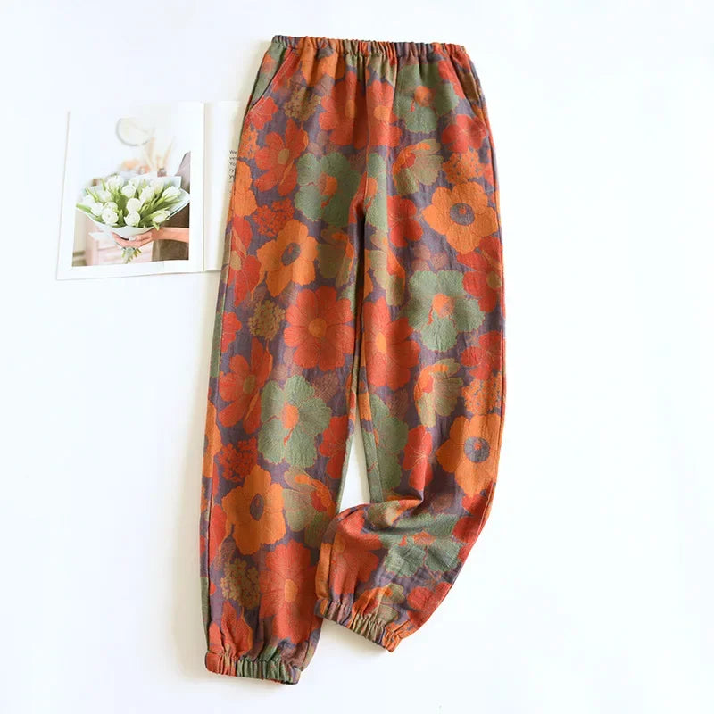 2026 New Spring Summer Women's Pajamas 100% Cotton Crepe Pants Women's Comfortable Loose Large Leaf Home Pants Thin bottoms