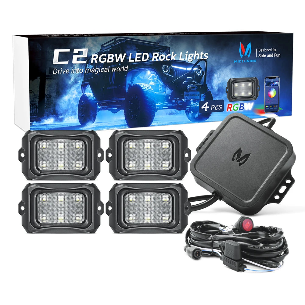 MICTUNING RGBW LED Rock Lights with Bluetooth Controller, Timing Function, Music Mode - C1 4Pods Multicolor Neon LED Light Kit