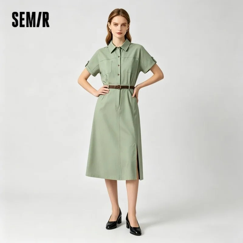 Semir Women Dress Shirt Collar Cotton Slit Midi Belt Slim Vintage Urban Workwear 2026 Summer Fashion Office Top