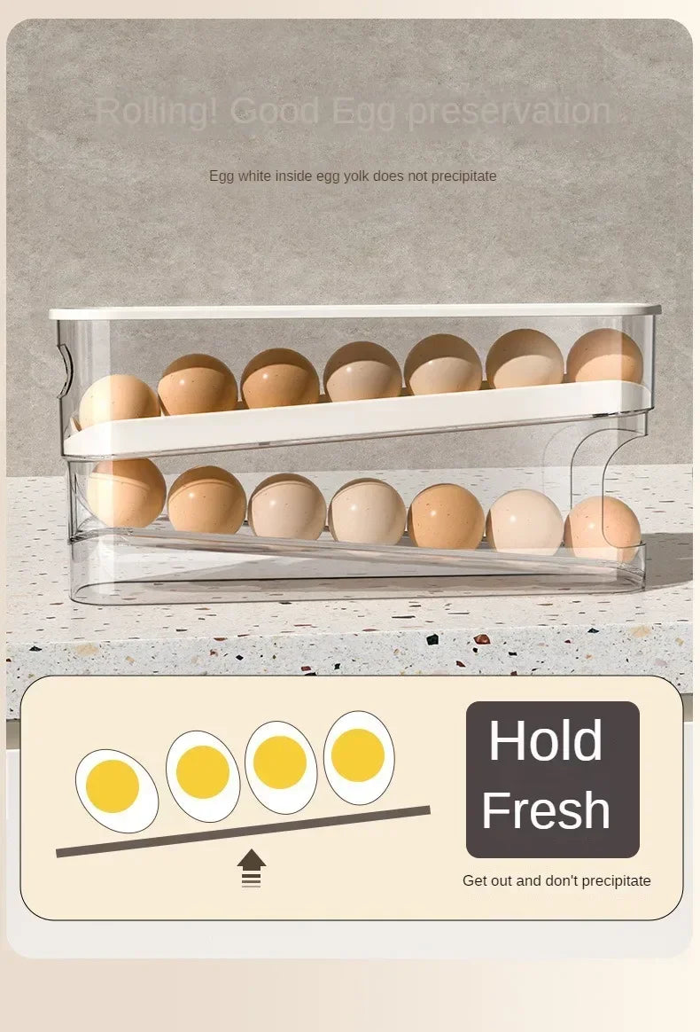 Double Layers Egg Storage Box Refrigerator Automatic Rolling Slide Egg Rack Refrigerator Side Door Freshness Box Kitchen Storage