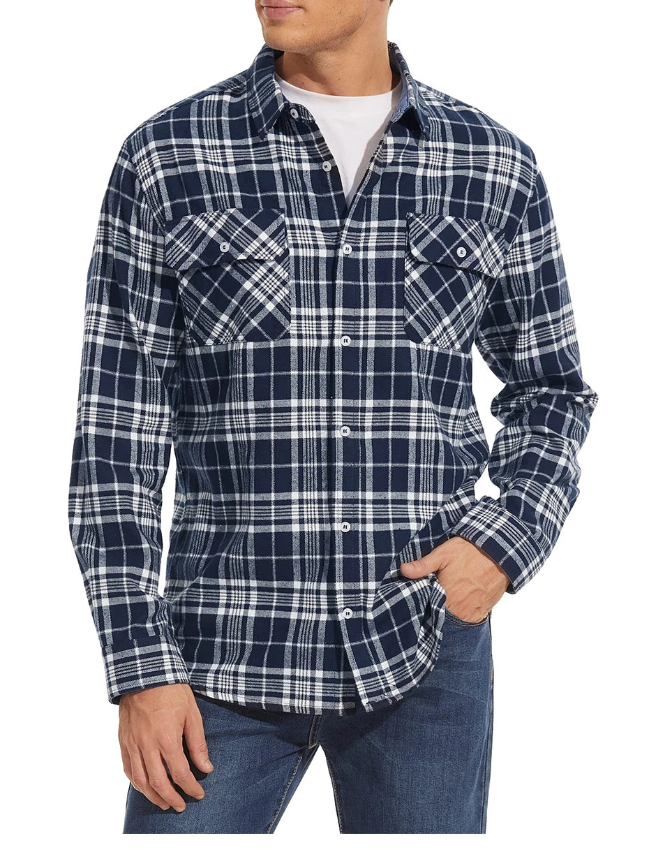 MAGCOMSEN Autumn Windproof Men's Flannel Shirt Warm Long Sleeve Casual Plaid Shirts with Two Chest Pockets