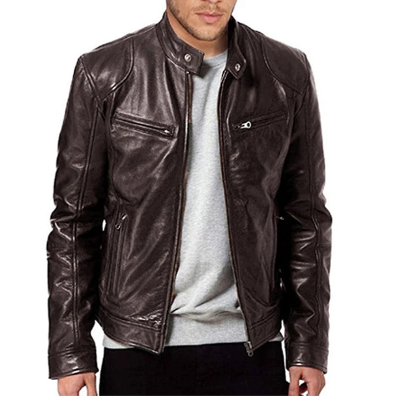 Men' s Retro Leather Jacket Stand Collar Biker Jacket Slim fit Multi-Pocket Coat Autumn Winter Outwear