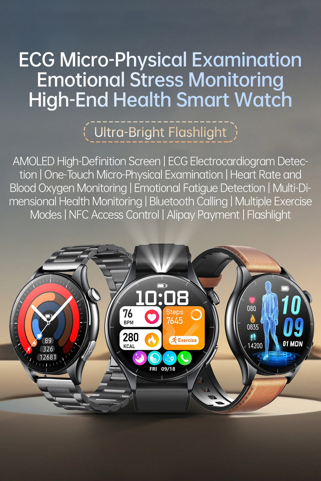2025 New NFC+ECG+PPG Health Smart Watch BMI Fat Heart Rate Blood Pressure Watch 380mAh BT Call IP68 Waterproof Sports Bracelet