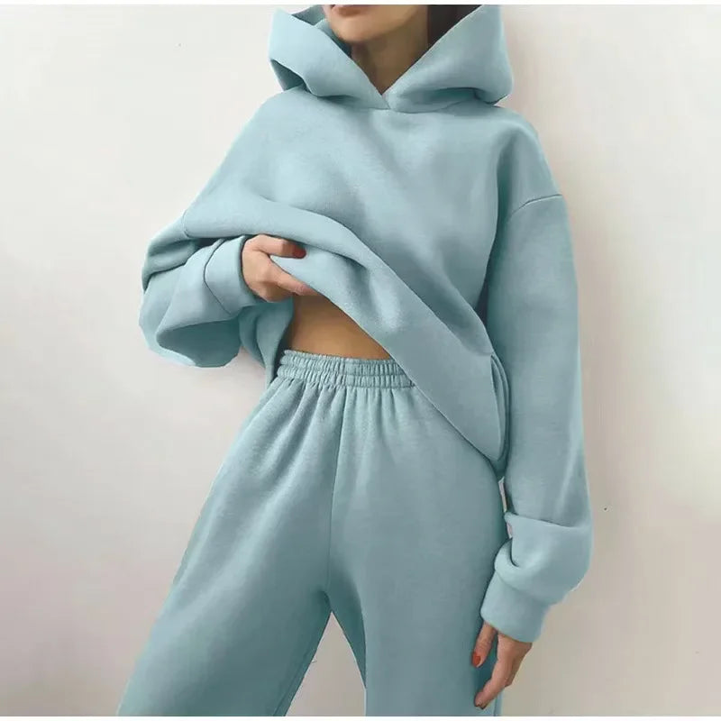 Two Piece Pant Sets Women Solid Thick Sweatshirts Hooded Full Sleeve Elastic Waist Spliced Long Pants Pockets Casual Suits