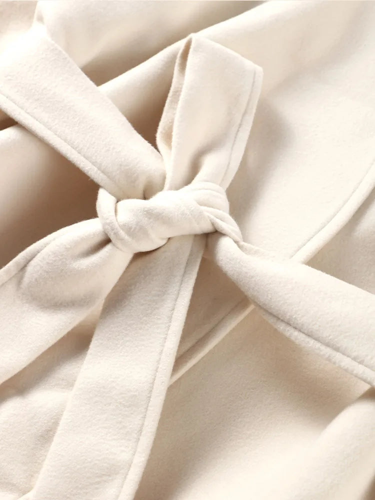Collarless Belt Jacket Coat Lace-up Minimalism Beige Gentle Short Woolen Overcoat Waist Cinching Women Autumn Winter Overcoat