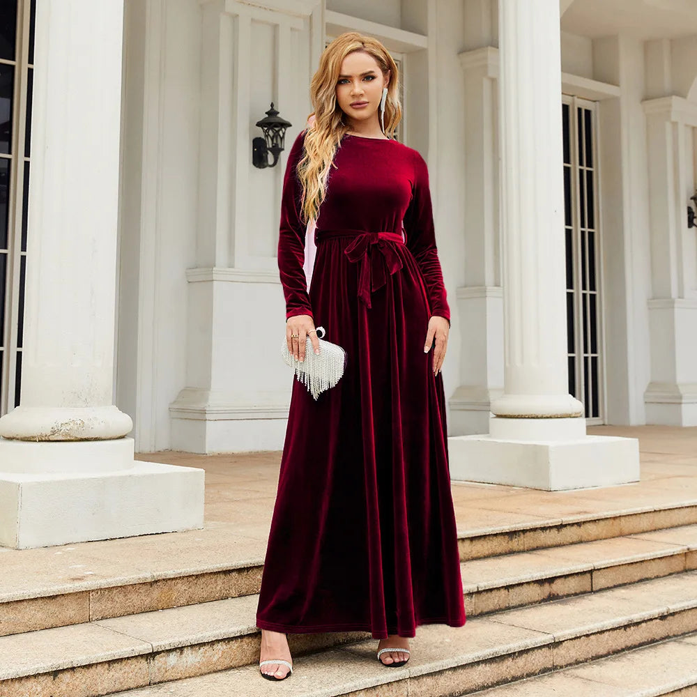 Spring 2025 Elegant Red Long Dress Velvet Solid Color Premium Formal Evening Vestidos Festa Luxo Rojo Maxi Dresses For Women
