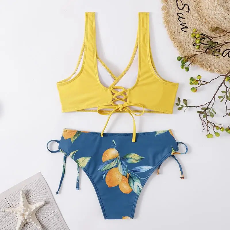 Alluring Bikini Sculpting Padded Backless Bikini Tieside Adjustable Halterneck Bikini Ruffled Beachwear Seamless Swimwear
