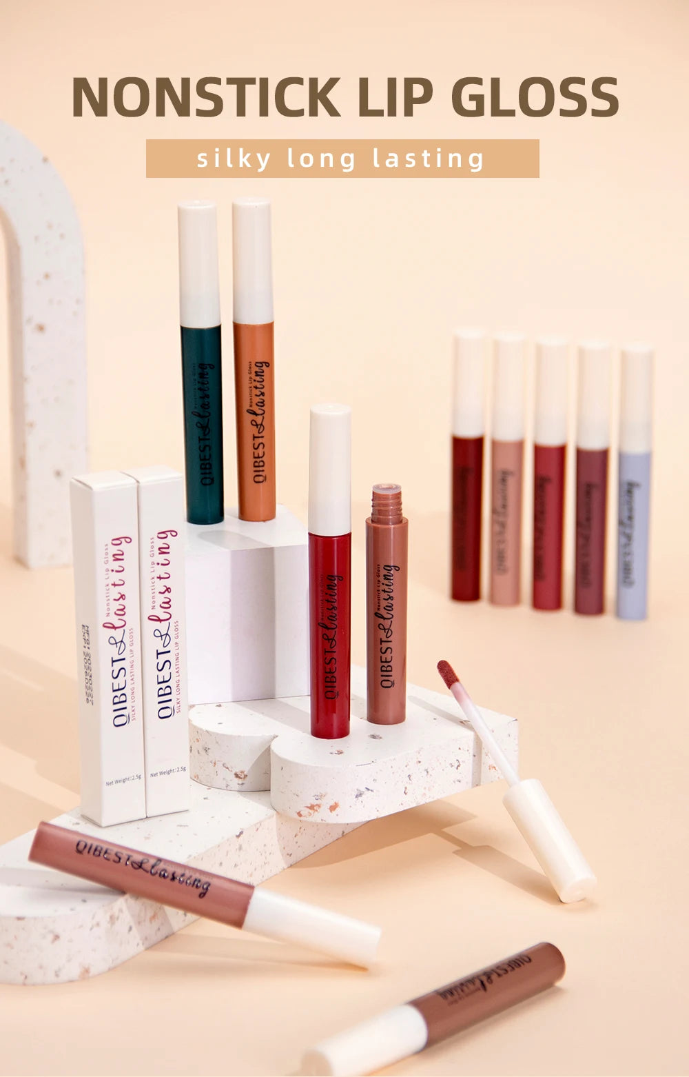 QIBEST Sexy Red Lip Gloss Long Lasting Velvet Matte Liquid Lipstick Waterproof Lip Makeup Nonstick Cup Purple Lip Tint Black