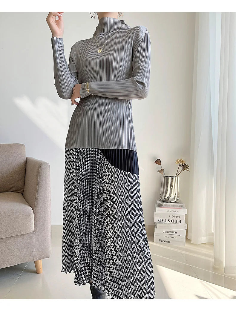 Miyake Pleated Long Sleeves Tops Fall 2025 Winter Korean Fashion Women Classic Solid Color Turtleneck Casual Elegant T-shirt