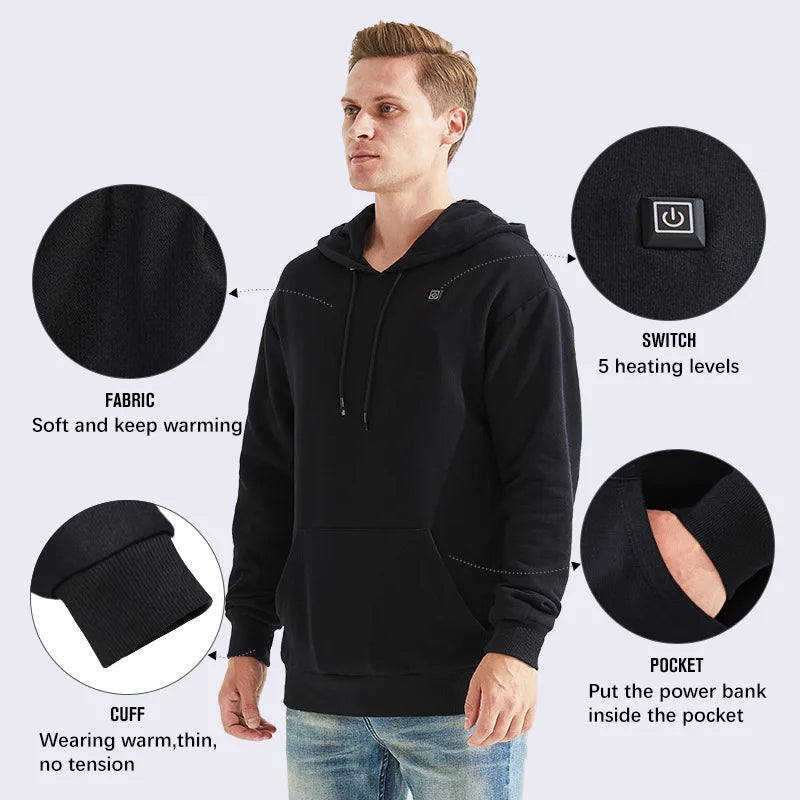 Men's Winter Warm Heated Hoodie 2026 Outdoor Electric USB Charging Heat Jacket Outdoor Sportswear Electric Heated Clothes