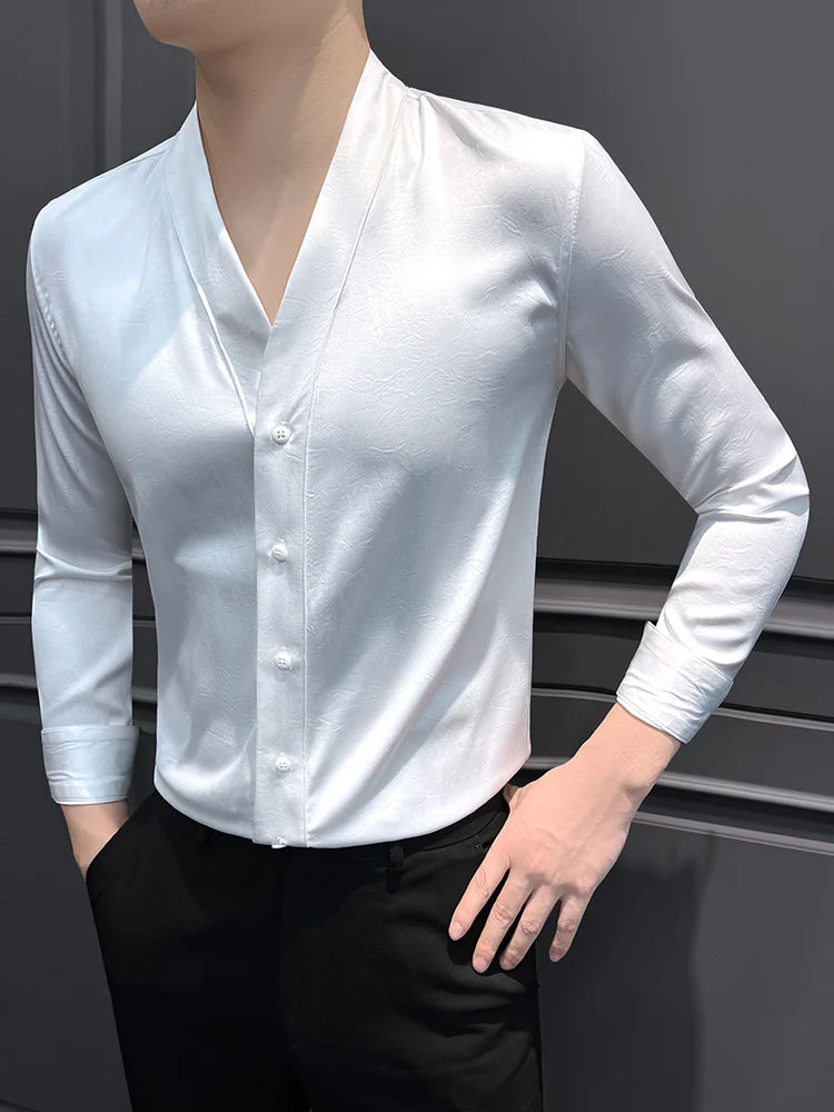 High-End Casual Shirts Men 2025 Spring British Style Slim Fit V-neck Shirt Long Sleeve Business Social Wear Men Clothing