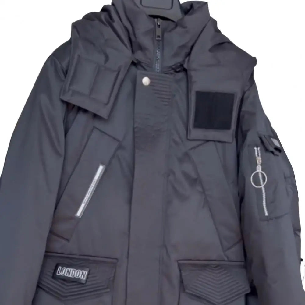 Men Down Jacket Fur Collar Hooded Long Sleeve Solid Color Winter Coat Zipper Placket Pockets Thickened Puffer Outwear