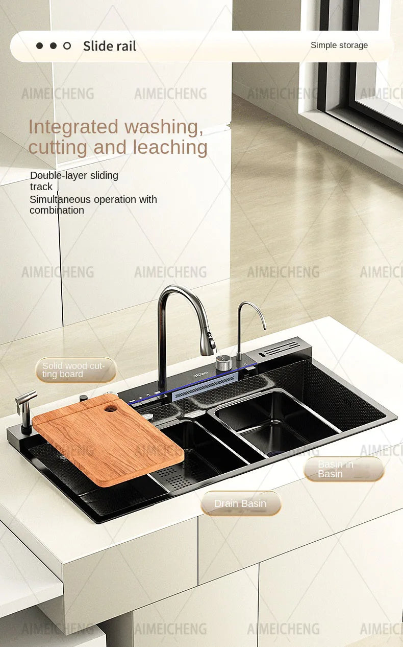 Hot Selling Stainless Steel Waterfall Kitchen Sink With Knife Holder Digital Display Faucet Set Embossed Extra Large Single Slot