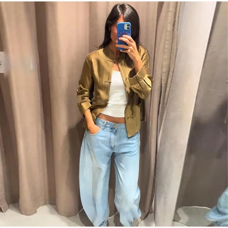 Loose Women's Frog Buttons Mandarin Shirts See Through Stand Collar Full Sleeve Blouses 2026 Summer Lady Cotton Linen Outwear