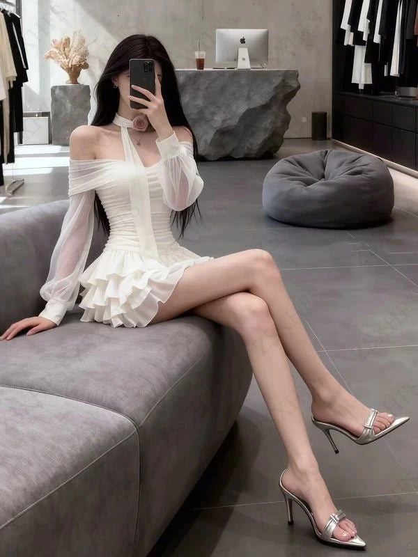 Korea Kawaii Sexy Dresses Punk Aesthetic 2000s Summer Sexy Girl Gentle Dress Chiffon Perspective Trendy Slim Tiered Short Dress