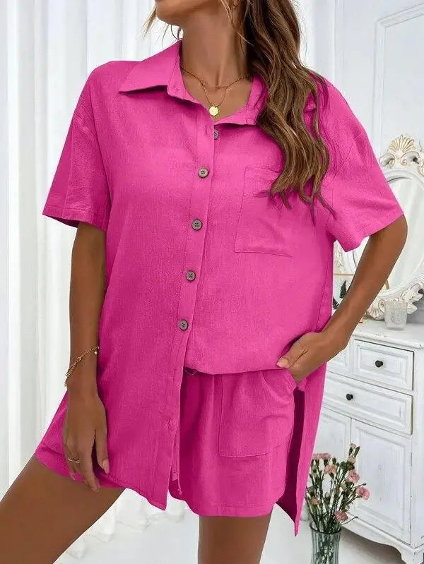 Solid Color Single Breasted Top Casual Loose Short Pants Sets Women Summer Women's 2 Pieces Suit Full Set Female Outfit Clothes
