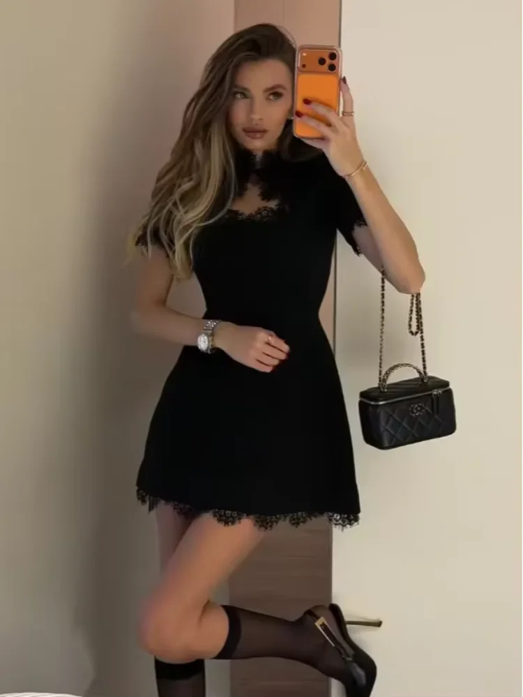 Black Lace Trim Hollow Out Mini Dress Women A-line Turtleneck Waist Cinched Short Sleeve Vestidos 2026 Lady Daily Party Gown