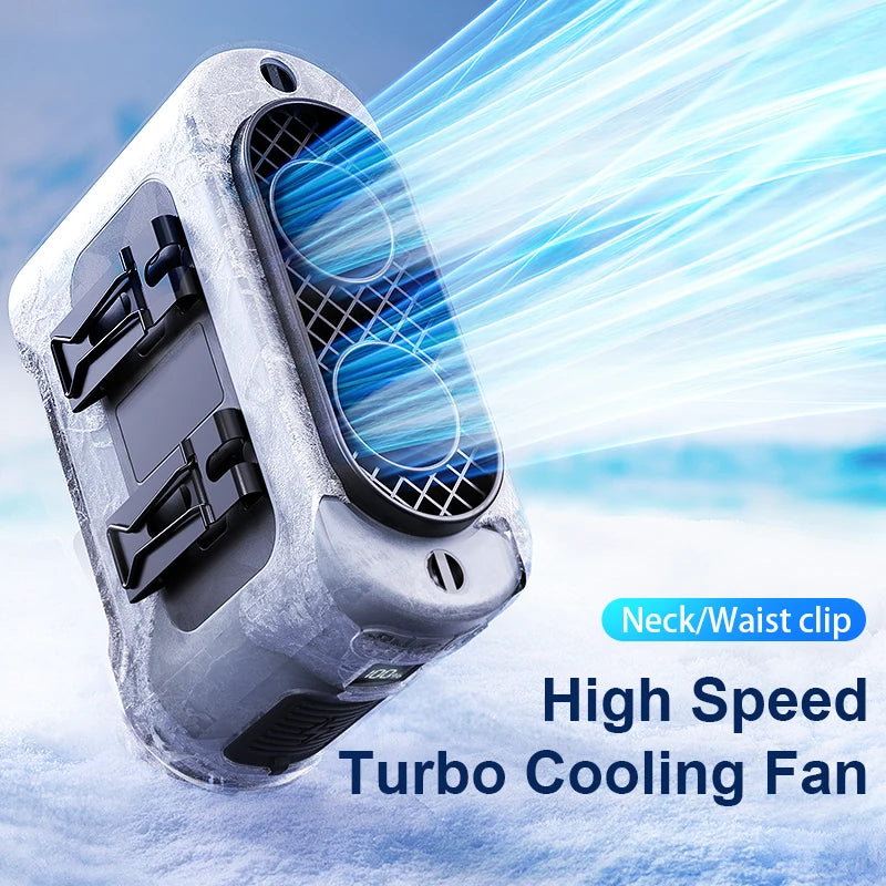 2025 New Upgrades Outdoor Portable Waist Fan Hanging Neck Fan 5 Level Strong Wind Power Bank with LED Lighting for Travel Sports