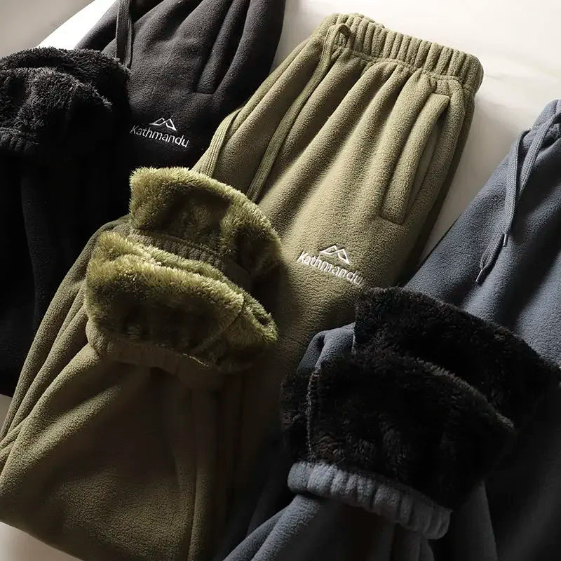 Fleece and Lambswool Men Sweatpants Winter Embroidery Thick Warm Double-sided Velvet Windproof Thermo Trousers Soft Harem Pants