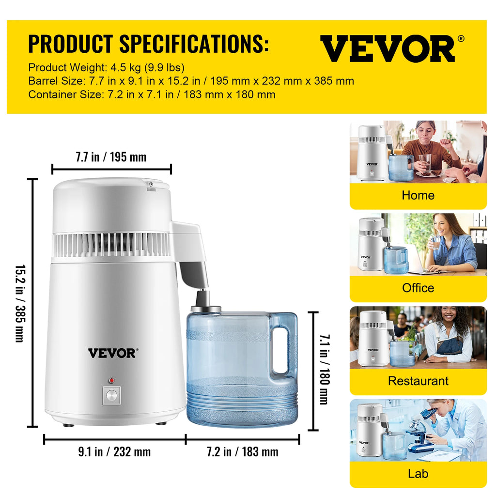 SucceBuy 4L Water Distiller Purifier Filter Dispenser Heating Drinking Bottle Softener 304 Stainless Home Appliance for Office