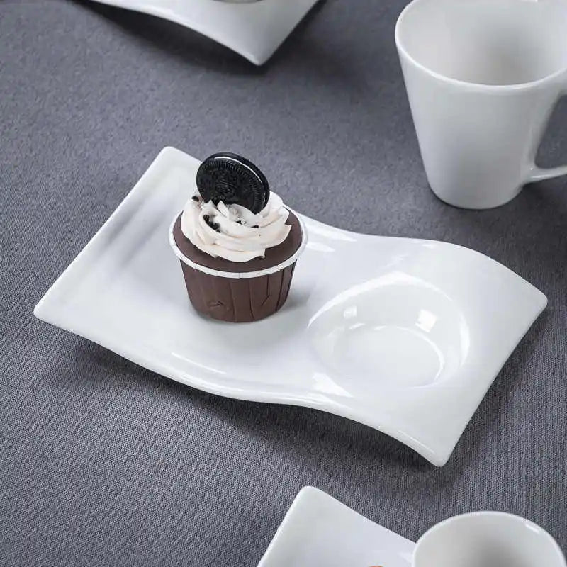 European Ceramic CoffeeCups Set with Wave Shape Plate 80 100 180 and 280ml Modern Minimalist White Cappuccino Latte Dessert Dish