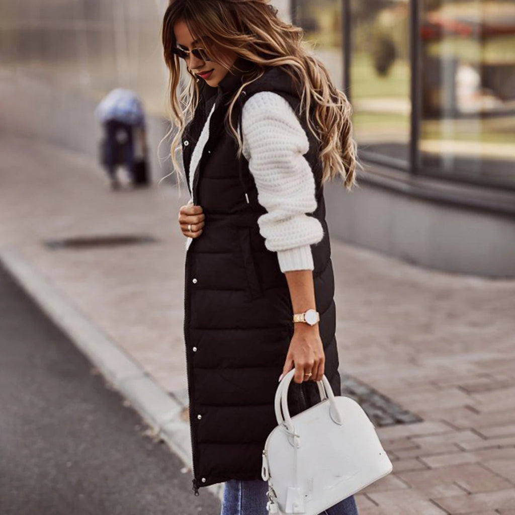 Women's Long Coat Vest With Hood Autumn Winter Sleeveless Warm Cotton Down Coat Waistcoat Quilted Vest Down Jacket Outwear 2XL
