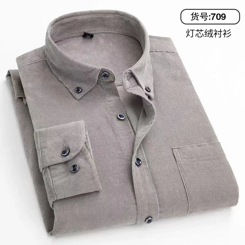 6XL Autumn/winter Warm Quality 100%cotton Corduroy long sleeved button collar smart casual shirts for men comfortable