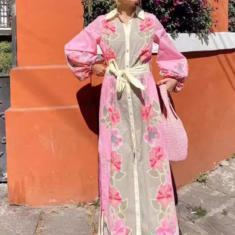 2025 Spring Elegant Robe Dresses Cotton Linen Flower Print Belt Dress Women Loose Lantern Sleeve Single Breasted Split Dresses