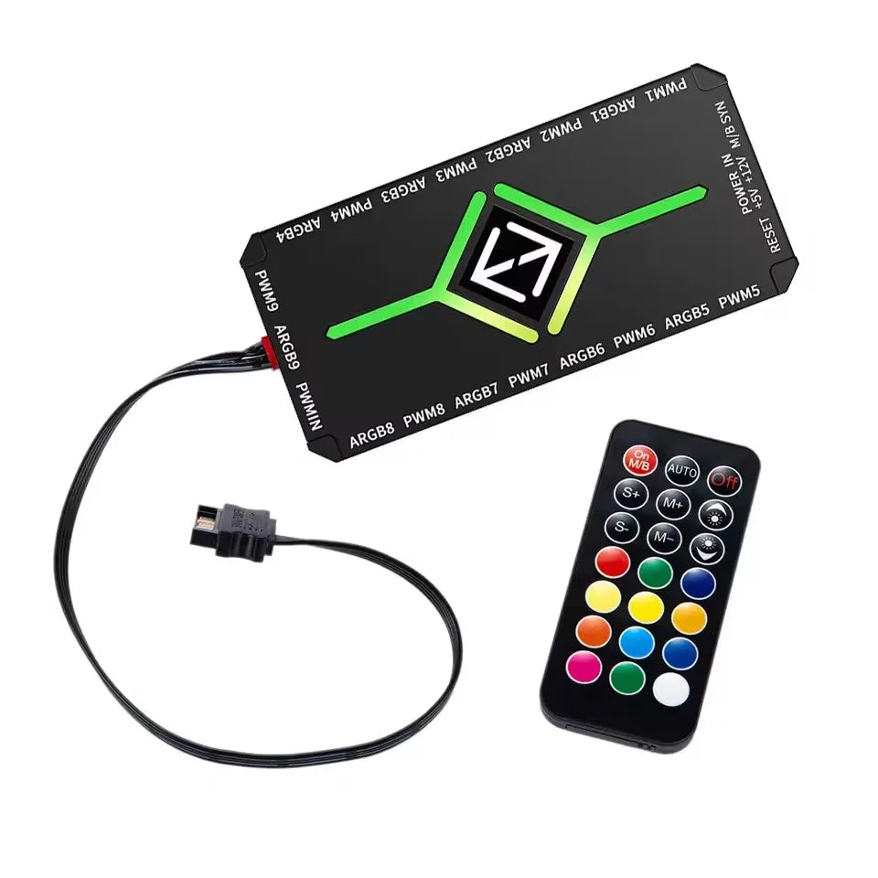 ICE Whale K9 1 to 9 PWM&ARGB Case Fan Hub SATA Power Interface Splitter 4Pin PWM 3Pin Addressable ARGB With Remote Control
