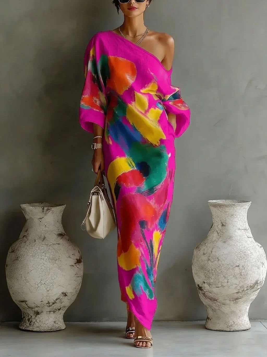 Abstract Brush Print One Shoulder Maxi Dress 3/4 Sleeve Loose Fit Casual Kaftan with Pockets, Bohemian Art Print Dress for Women