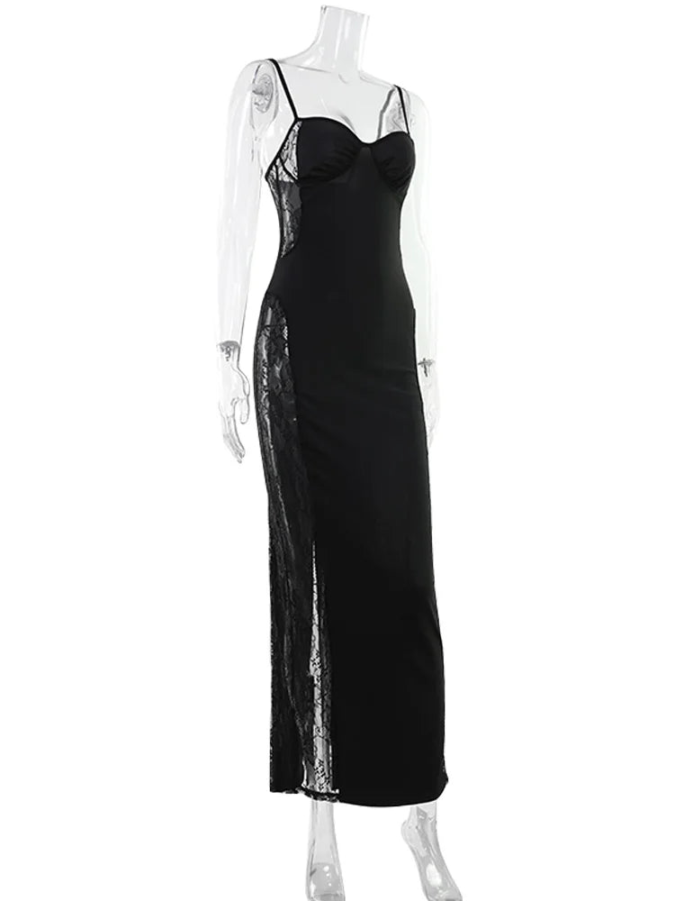 CNYISHE Lace Patchwork Camisoles Solid Split Women Dresses Hip Wrap Sheath Fashion Chic Party Outfits Sexy Club Trendy Female